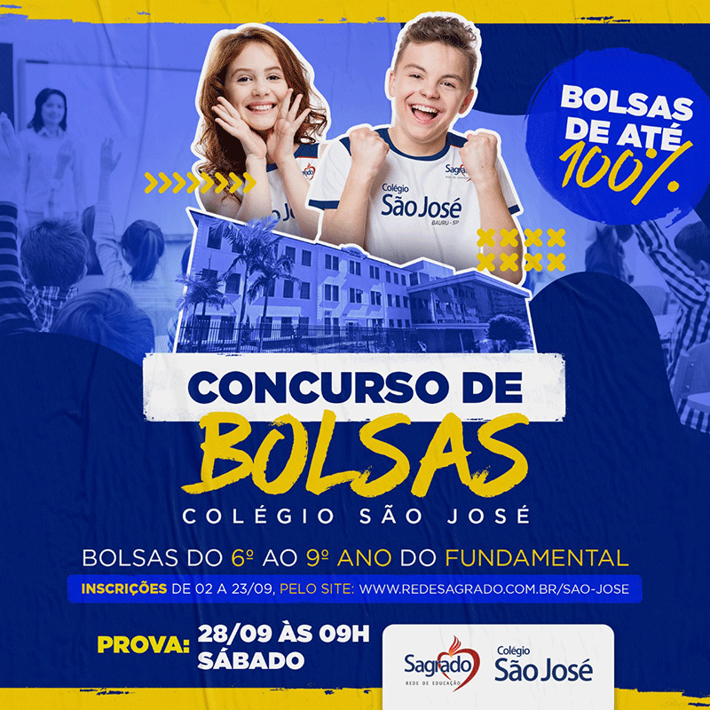 As inscrições podem ser feitas até o dia 23 de setembro e a prova será realizada no dia 28 de setembro (sábado), a partir das 9h, no próprio colégio.