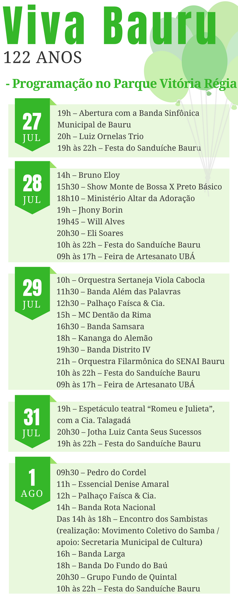 Programação do Viva Bauru 122 anos aniversário de Bauru